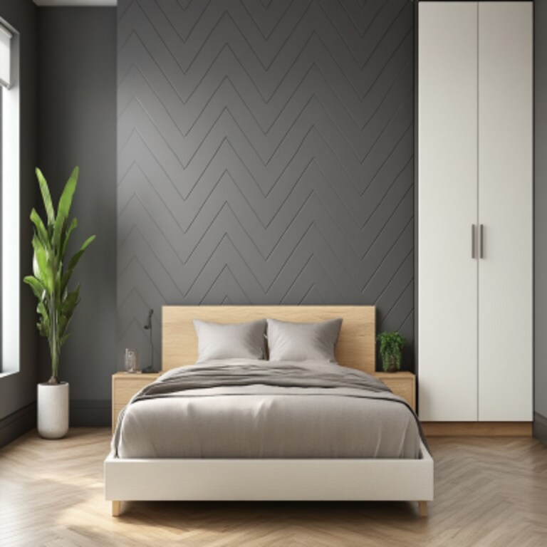 Modern Master Bedroom Design with Chevron Grey Wall and Wardrobe